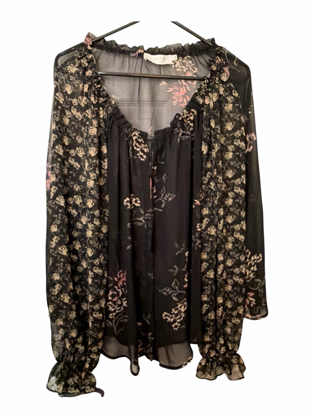 ASTR Black Sheer Floral Ruffle Neck Blouse
